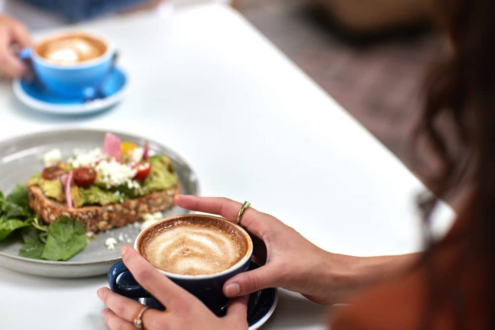 Breakfast with latte and avocado toast