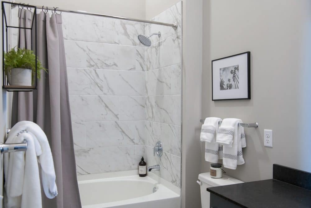 Apartment bathroom with garden style tub