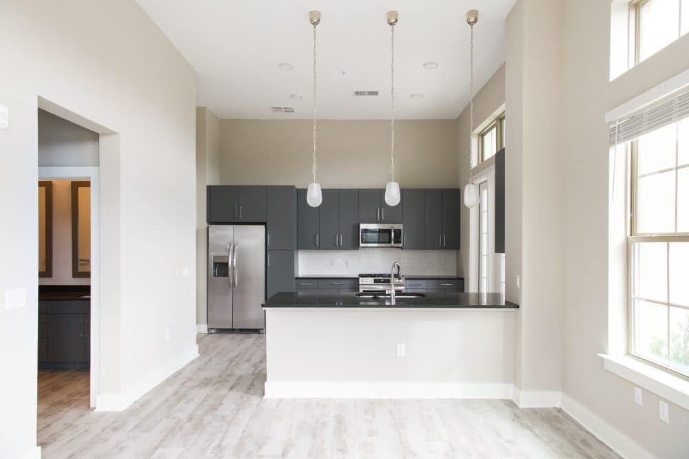 Interior apartment living room and kitchen area